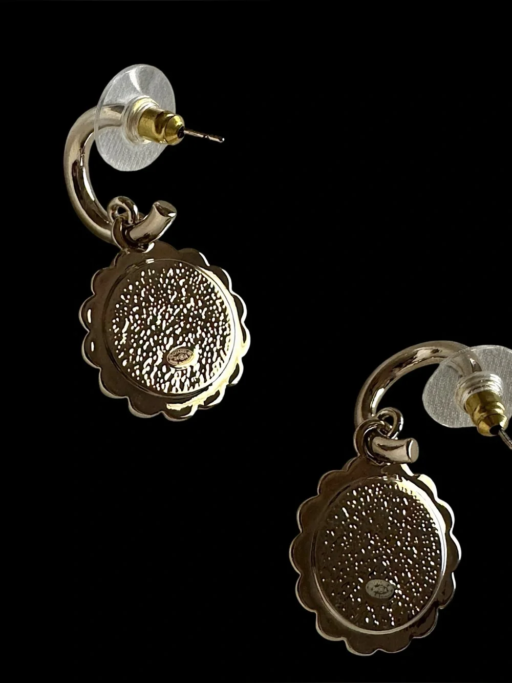 Upcycled Silver and Black CC Medallion Drop Hoop Earrings